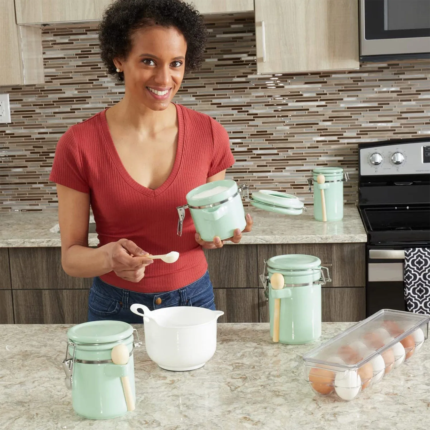 Home Basics 4 Piece Ceramic Kitchen Canister Set With Spoon, Mint