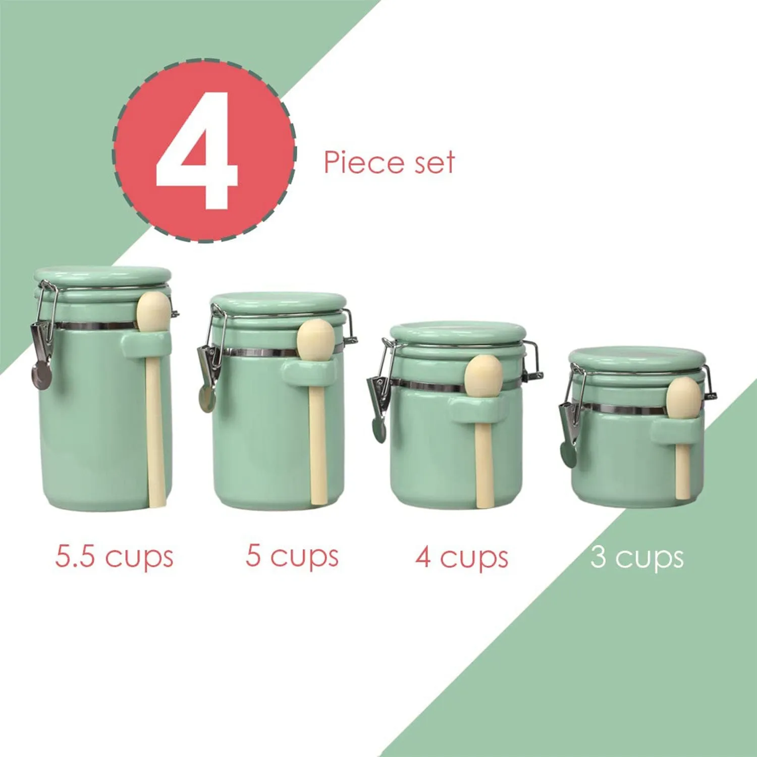 Home Basics 4 Piece Ceramic Kitchen Canister Set With Spoon, Mint