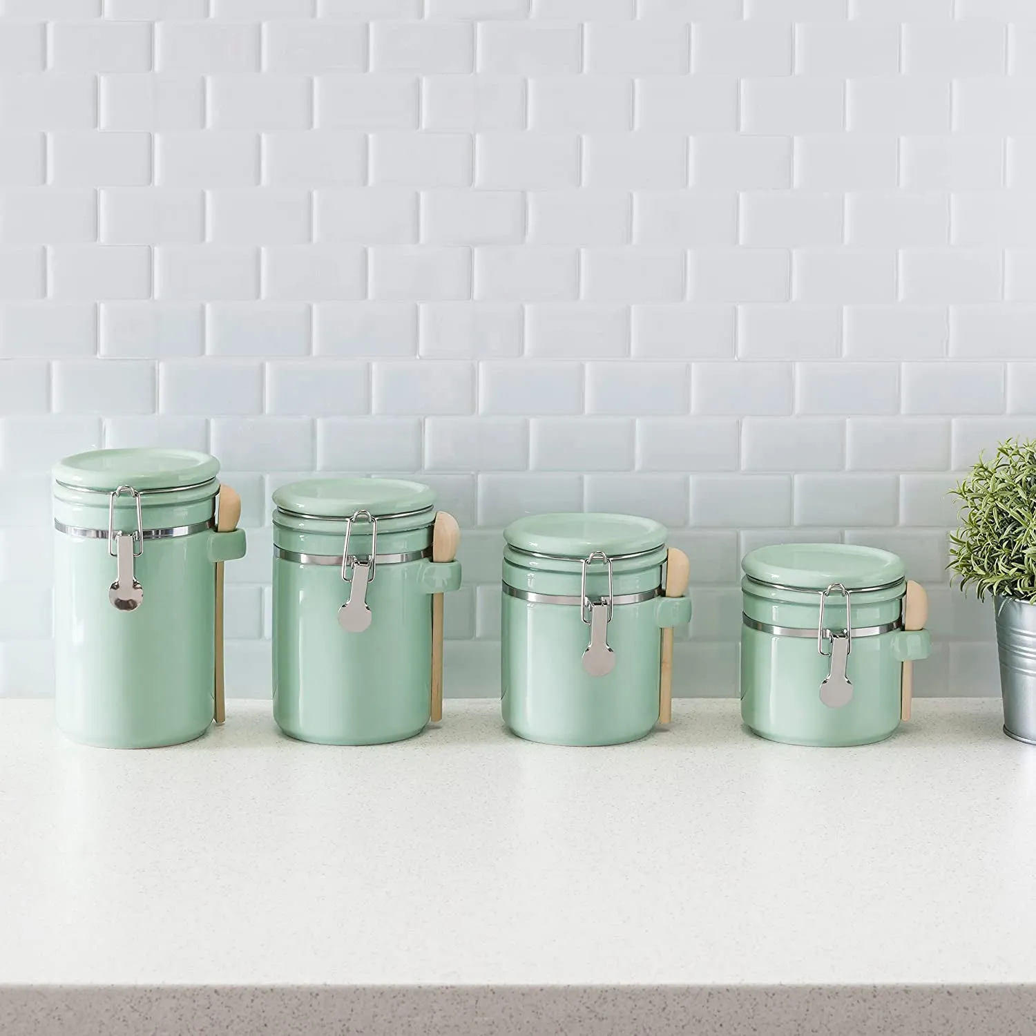 Home Basics 4 Piece Ceramic Kitchen Canister Set With Spoon, Mint