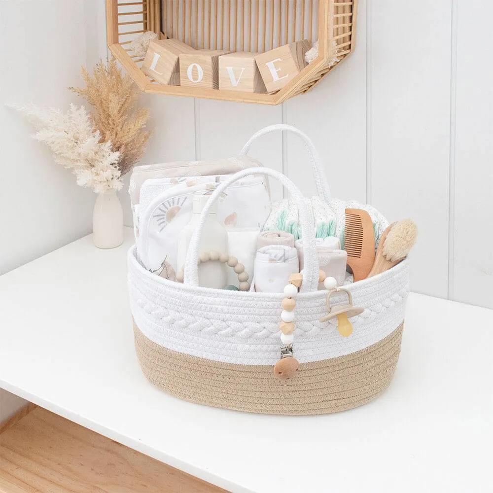 Living Textiles | 100% Cotton Rope Nappy Caddy - Small - Natural/White