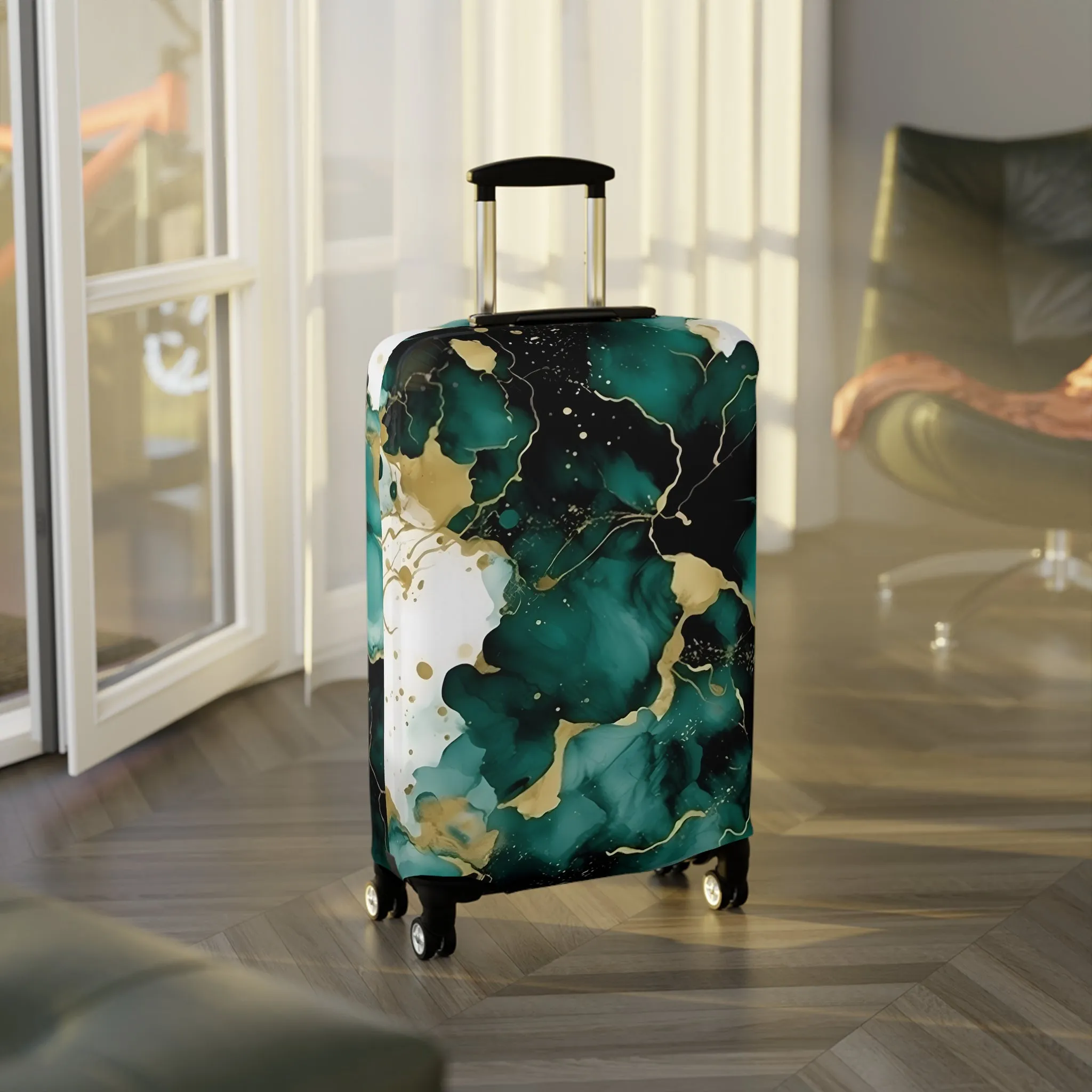 Luggage Cover, Alcohol Ink Green and Gold Floral