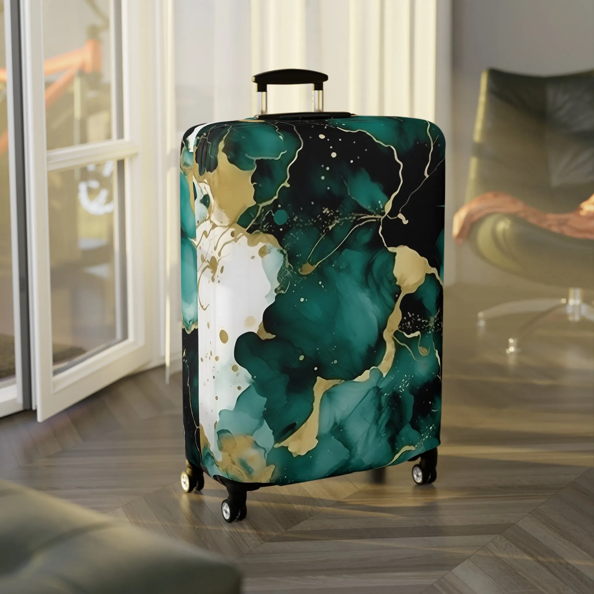 Luggage Cover, Alcohol Ink Green and Gold Floral