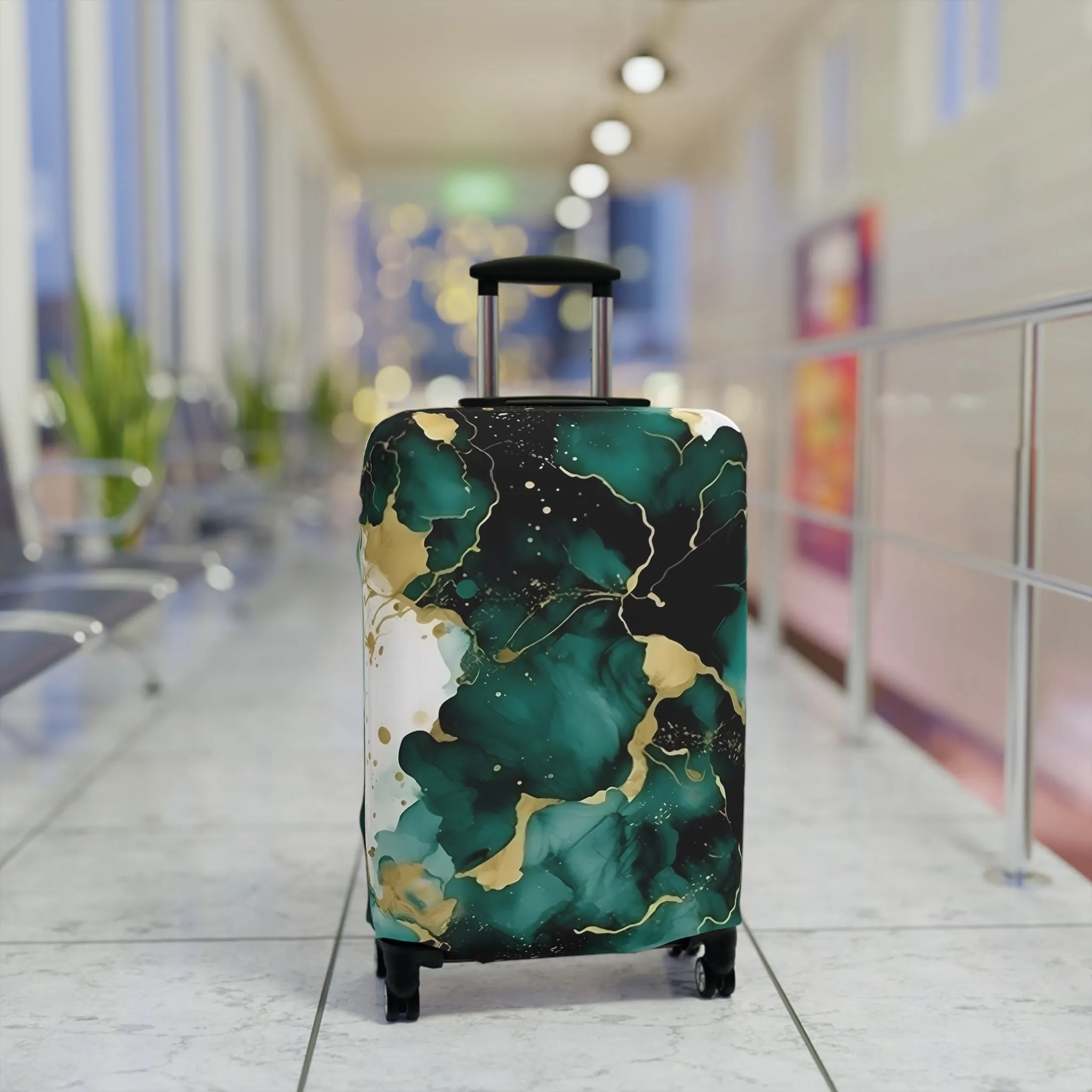 Luggage Cover, Alcohol Ink Green and Gold Floral