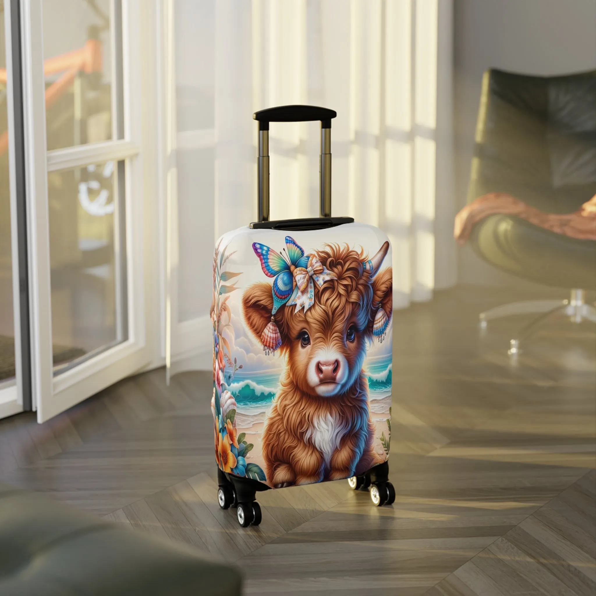 Luggage Cover, Highland Cow at the Beach, awd-1637