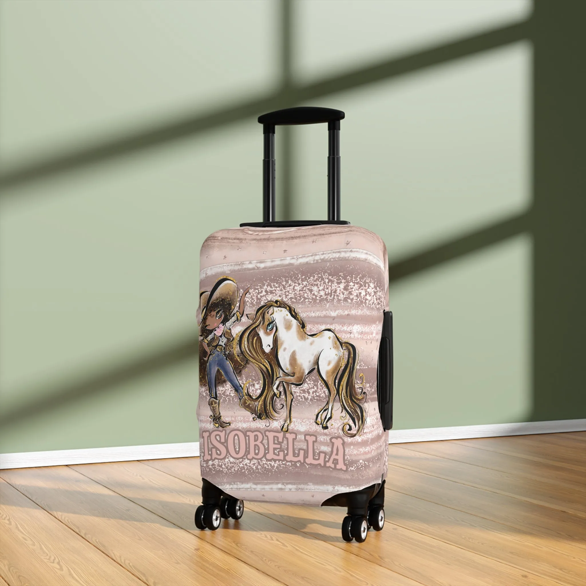 Luggage Cover, Howdy Cowgirl and Horse, Brunette Curly Hair Olive Skin Brown Eyes