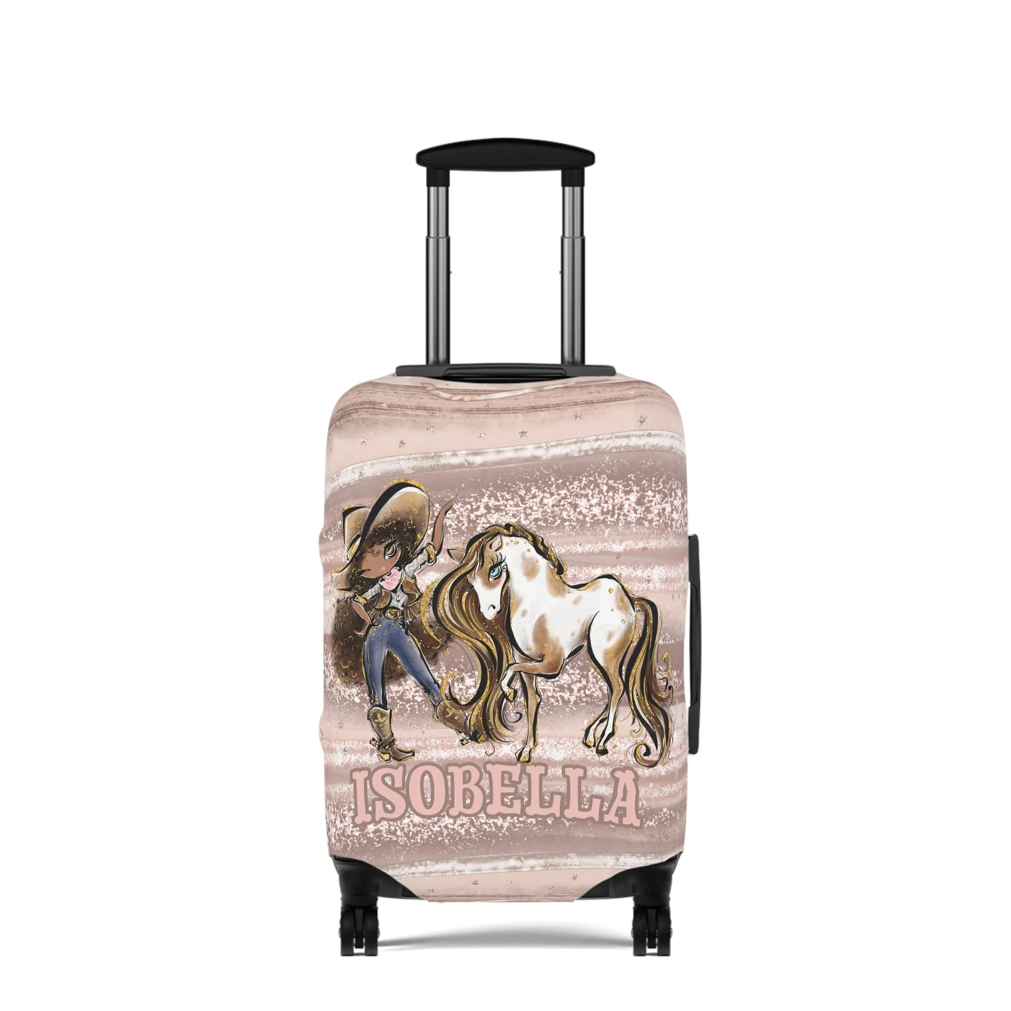 Luggage Cover, Howdy Cowgirl and Horse, Brunette Curly Hair Olive Skin Brown Eyes