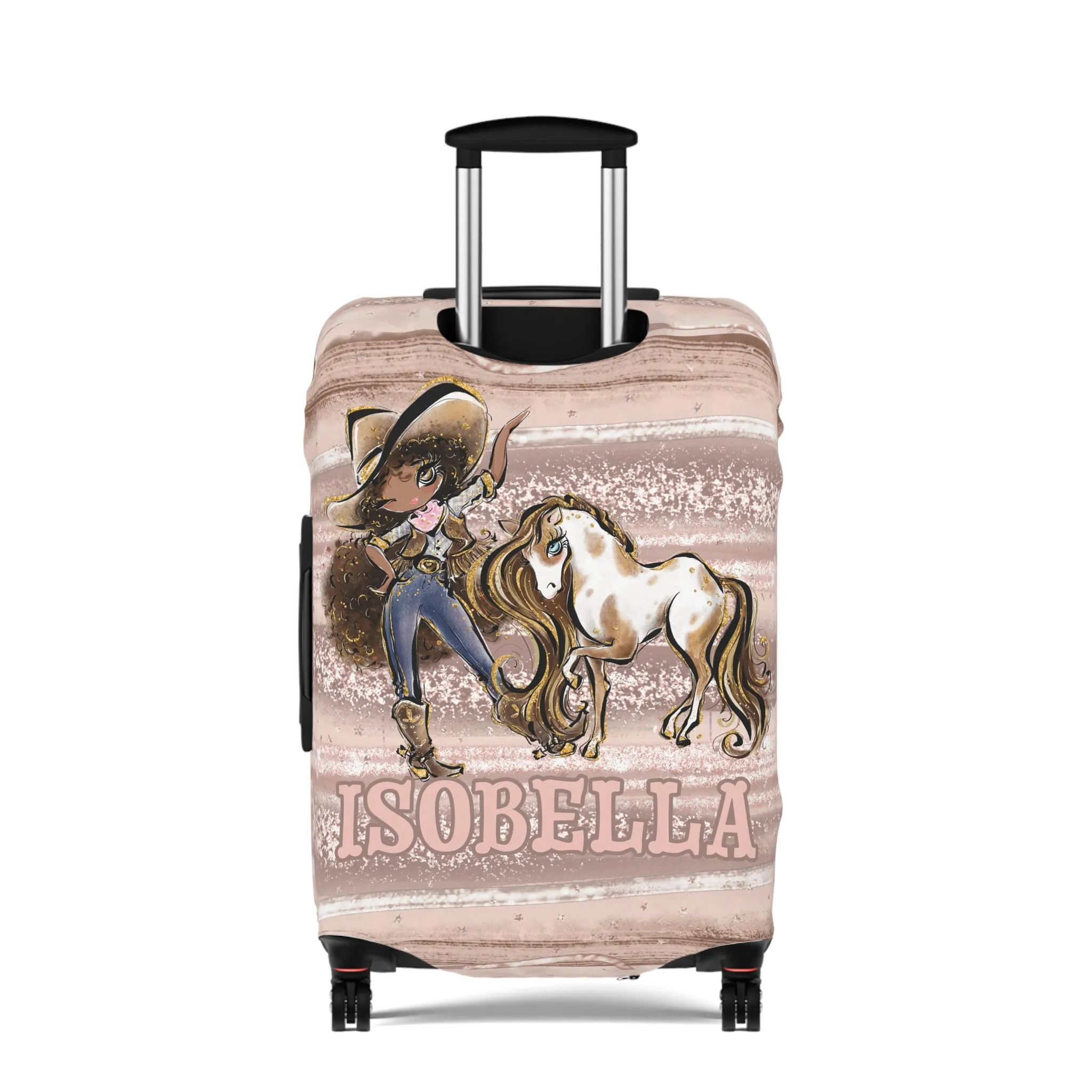 Luggage Cover, Howdy Cowgirl and Horse, Brunette Curly Hair Olive Skin Brown Eyes