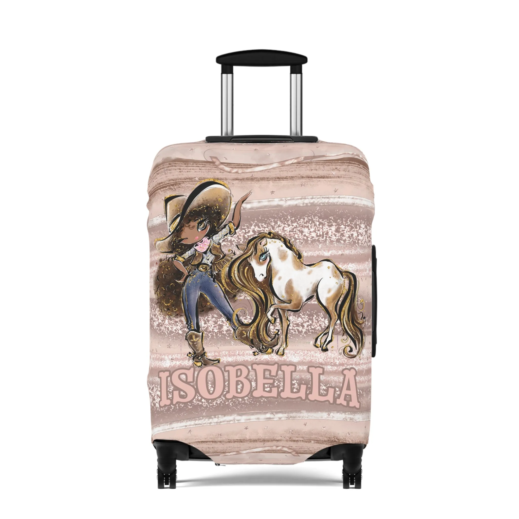 Luggage Cover, Howdy Cowgirl and Horse, Brunette Curly Hair Olive Skin Brown Eyes