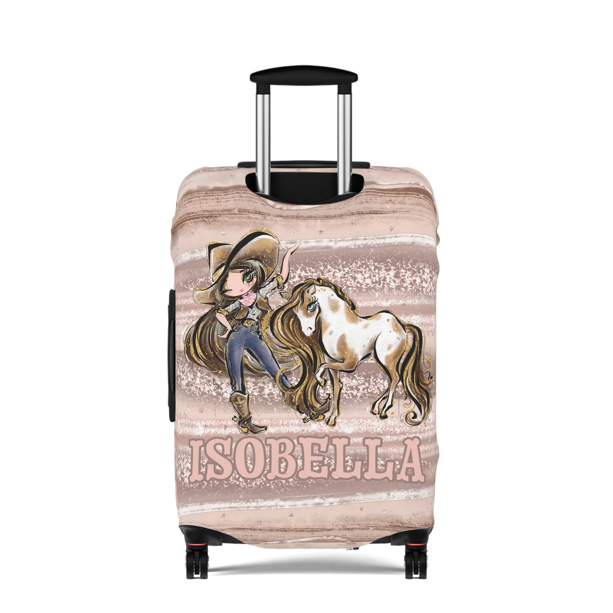 Luggage Cover, Howdy Cowgirl and Horse, Brunette Hair Brown Eyes