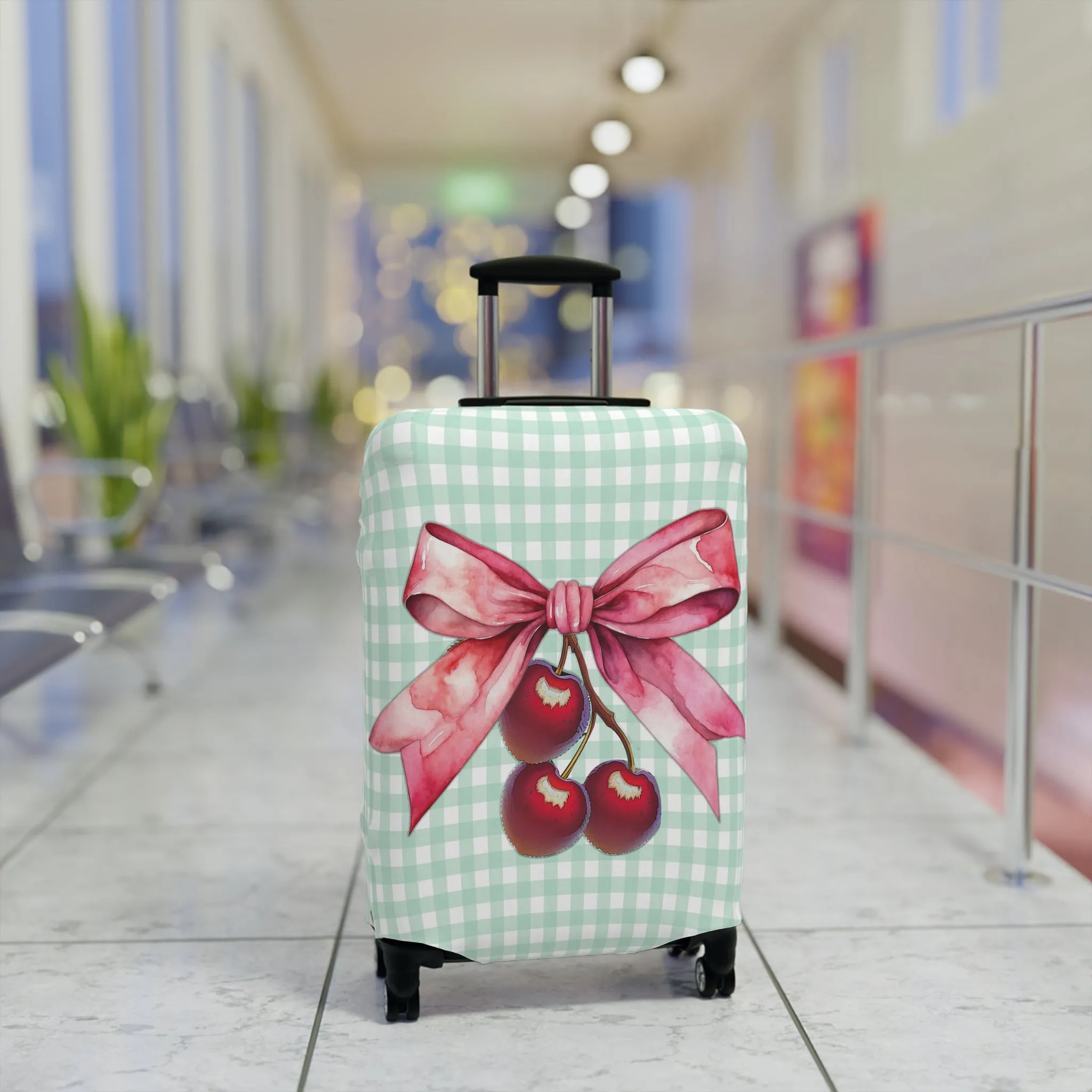 Luggage Cover, Rockabilly, Coquette, Pastel Green Gingham, Cherries and Ribbon, awd-2511