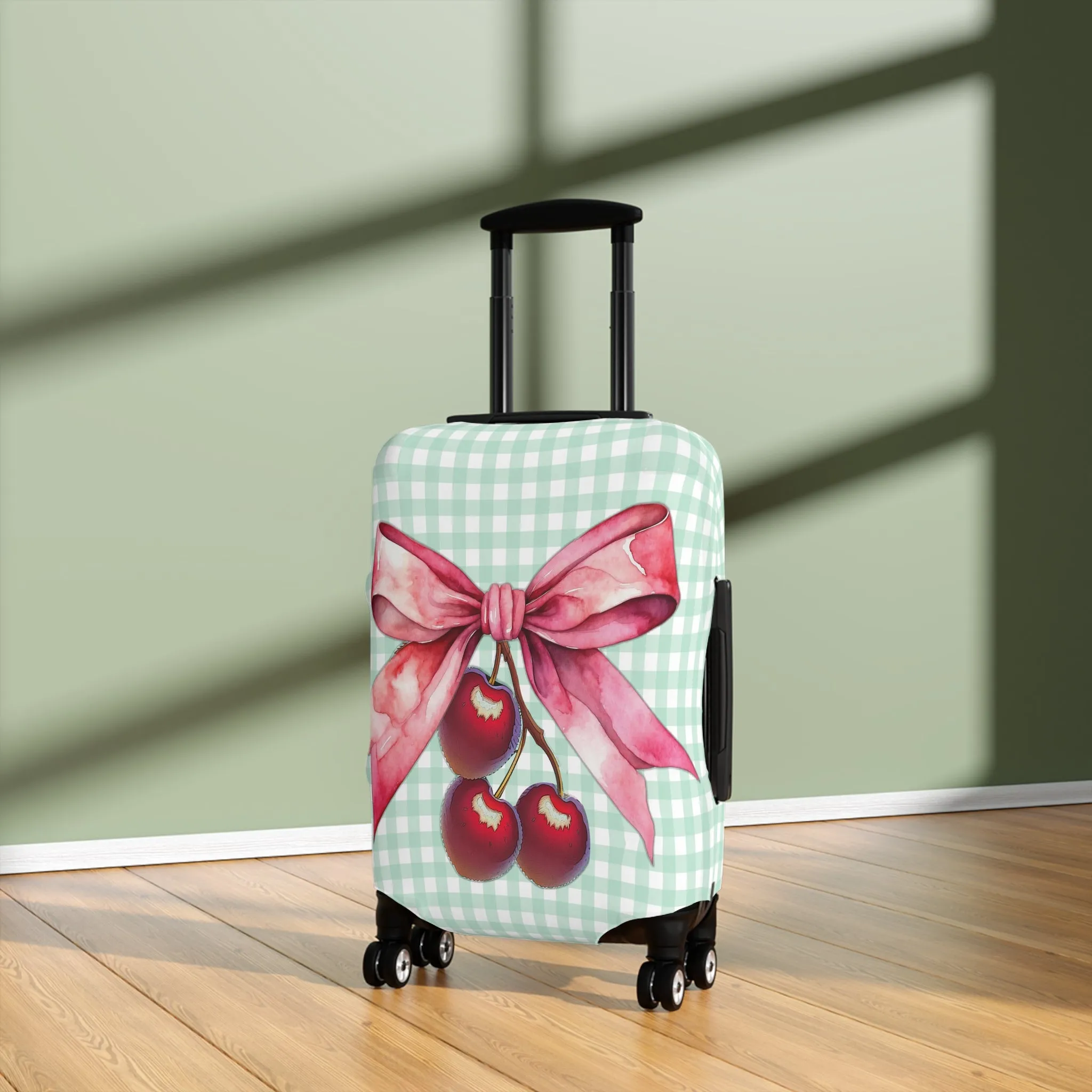 Luggage Cover, Rockabilly, Coquette, Pastel Green Gingham, Cherries and Ribbon, awd-2511