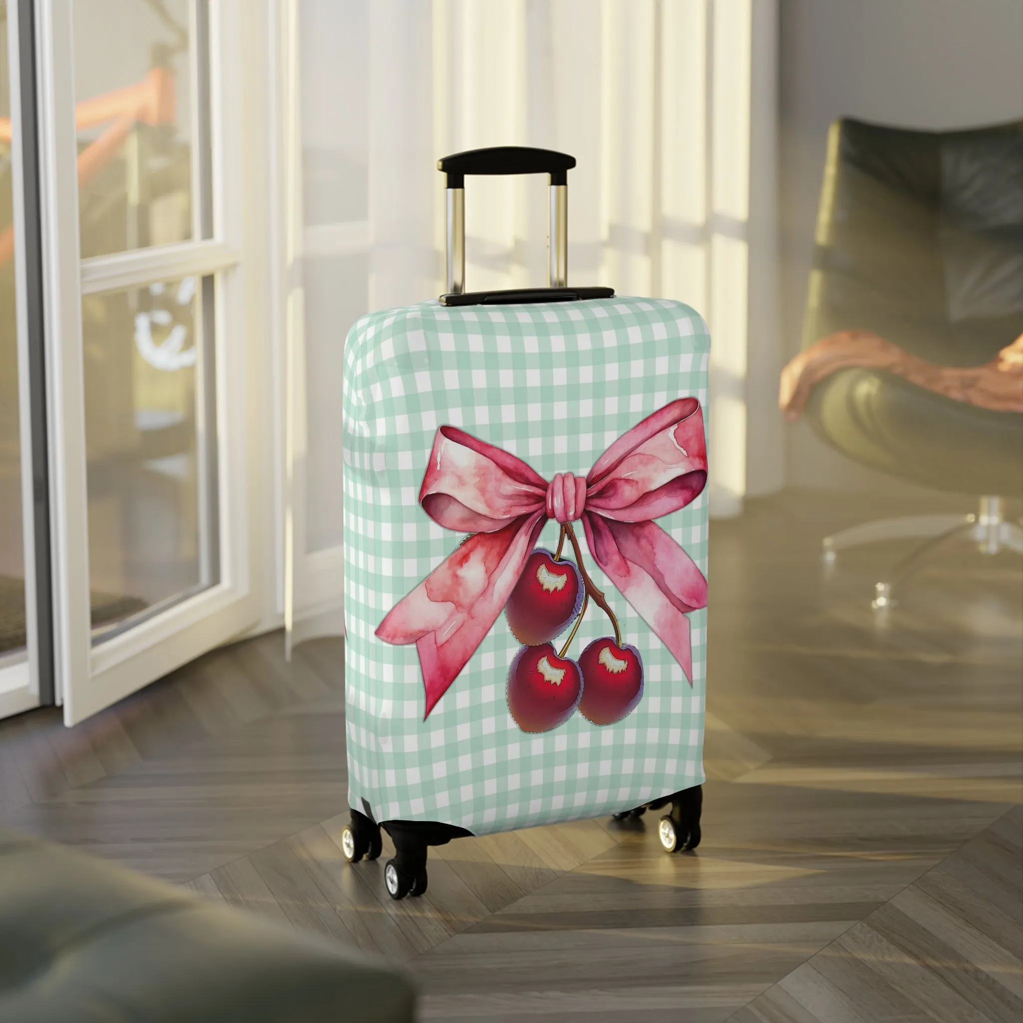 Luggage Cover, Rockabilly, Coquette, Pastel Green Gingham, Cherries and Ribbon, awd-2511