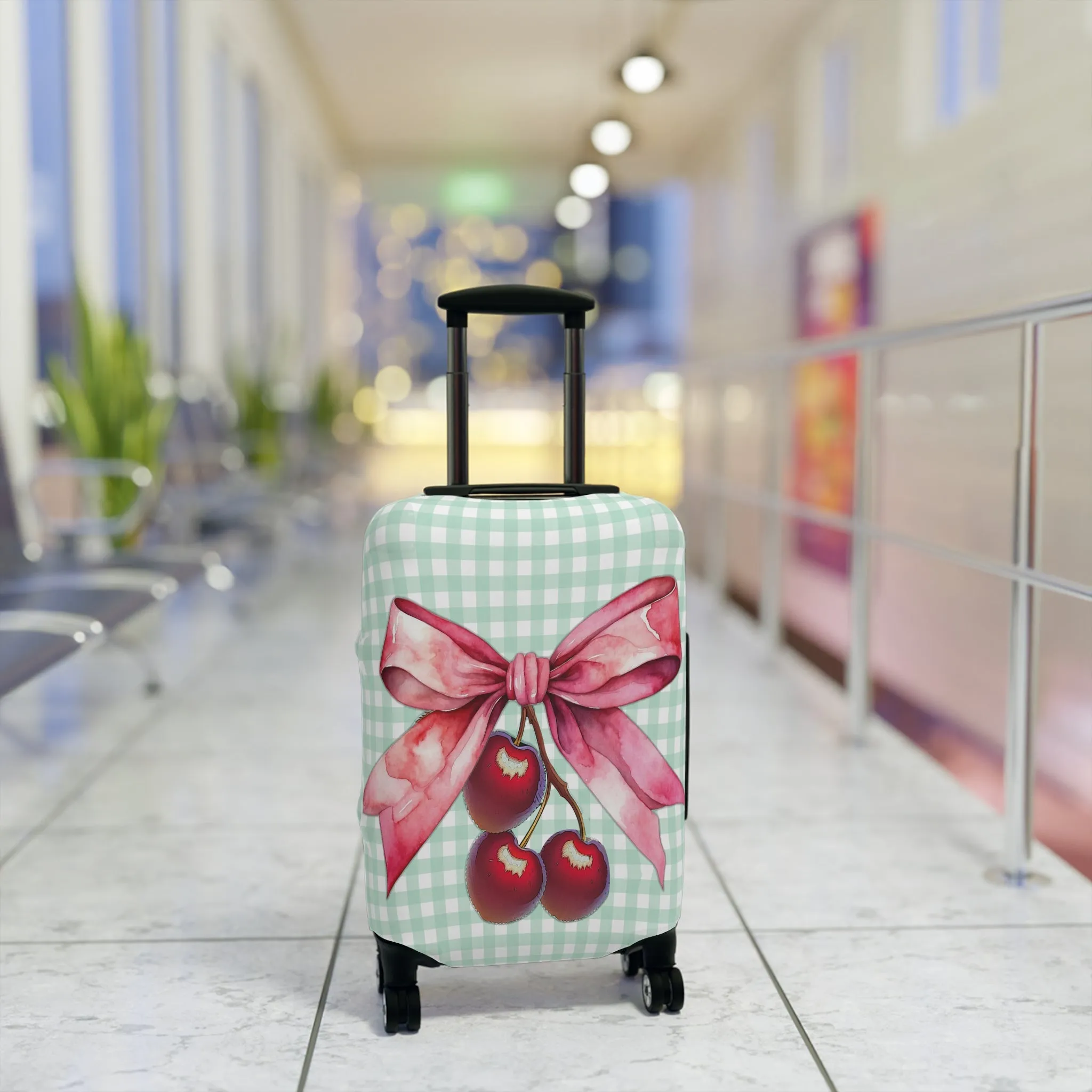 Luggage Cover, Rockabilly, Coquette, Pastel Green Gingham, Cherries and Ribbon, awd-2511