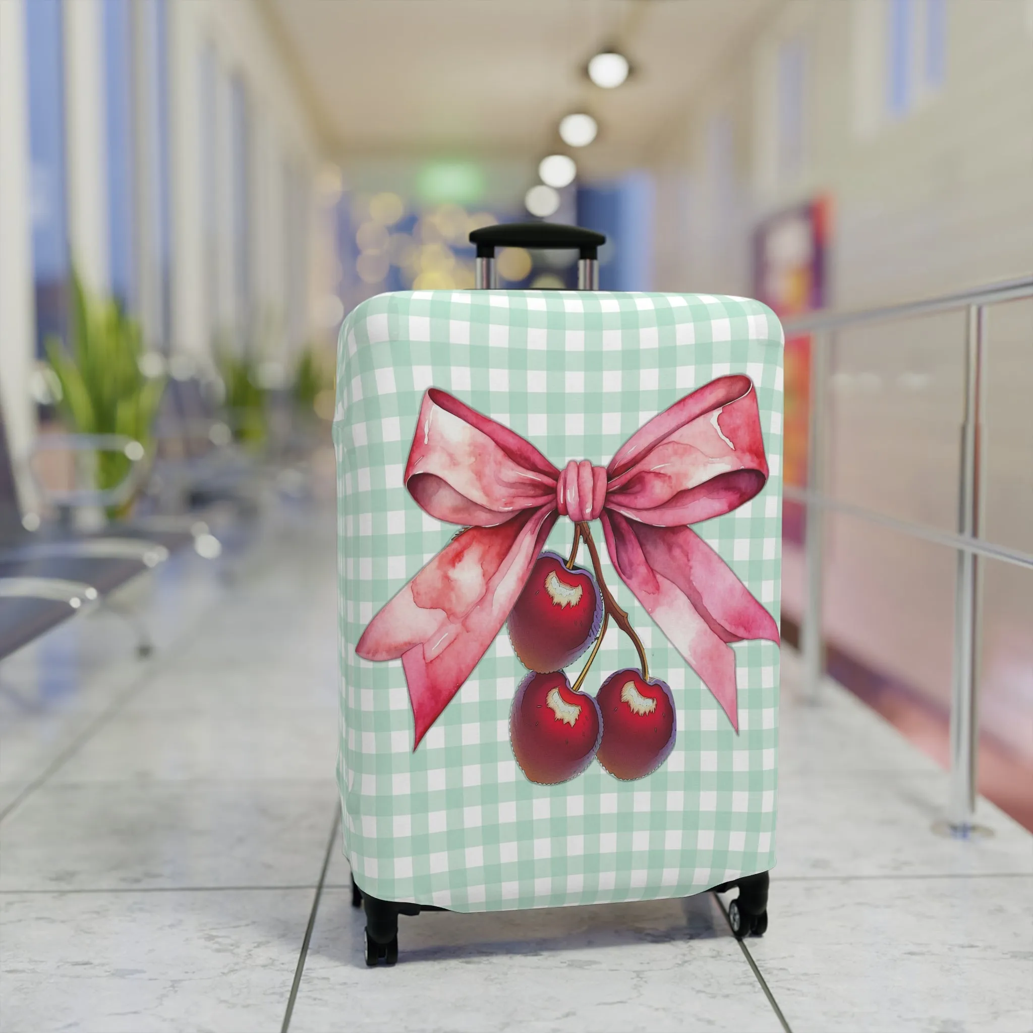 Luggage Cover, Rockabilly, Coquette, Pastel Green Gingham, Cherries and Ribbon, awd-2511