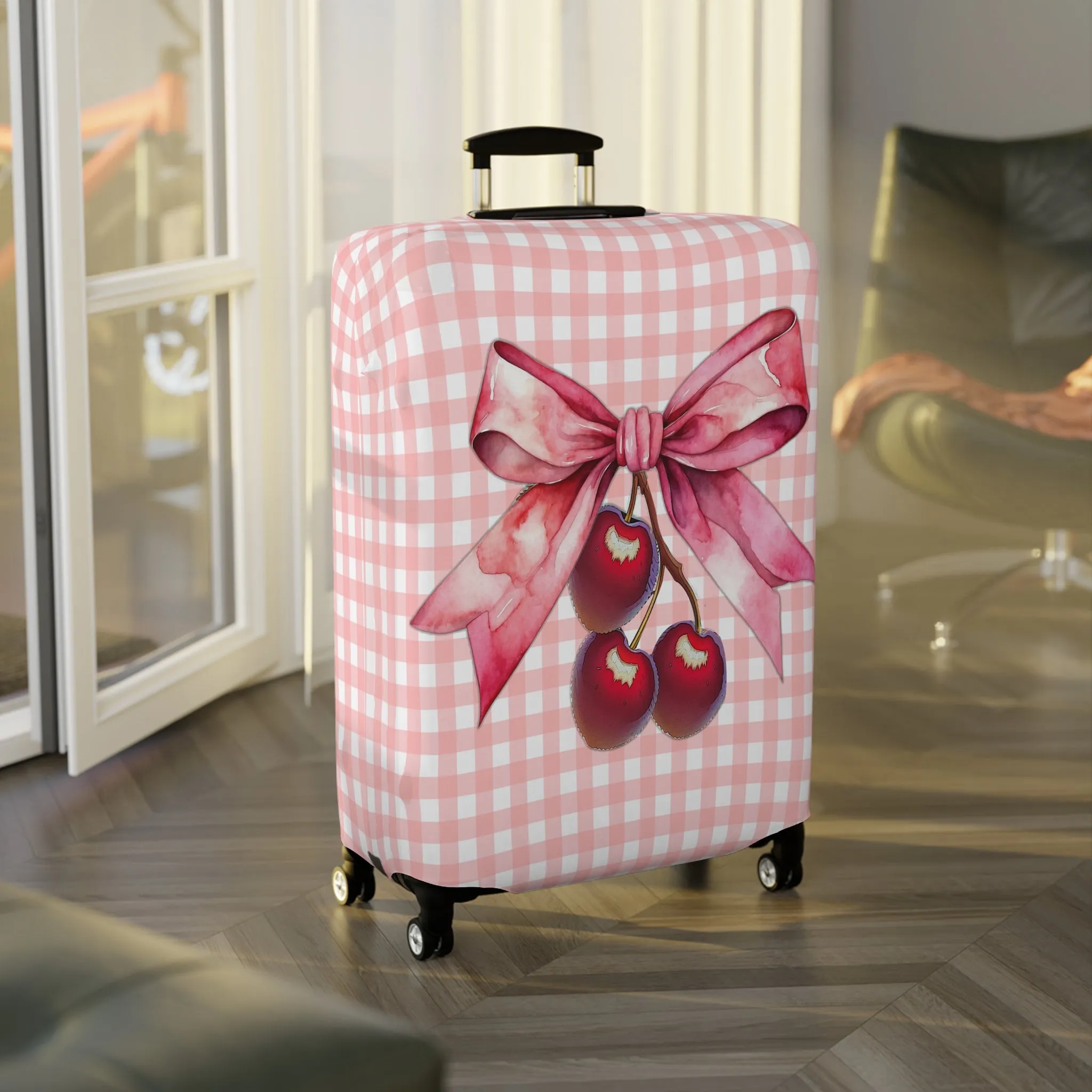 Luggage Cover, Rockabilly, Coquette, Pink Gingham, Cherries and Ribbon, awd-2508