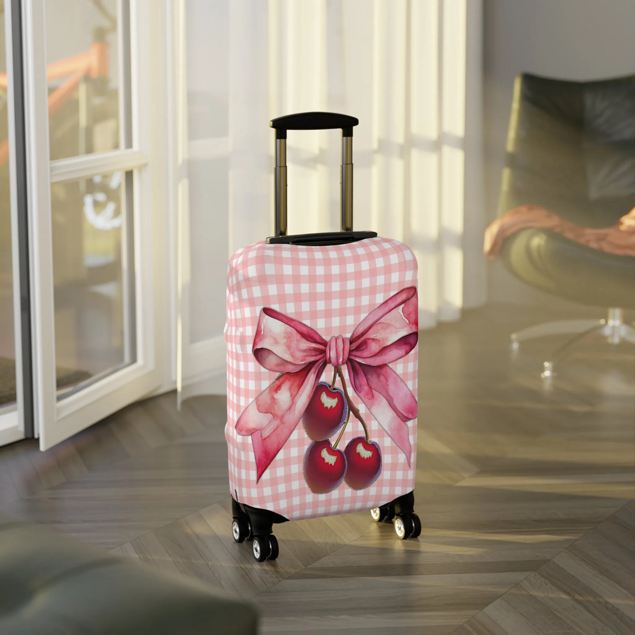 Luggage Cover, Rockabilly, Coquette, Pink Gingham, Cherries and Ribbon, awd-2508