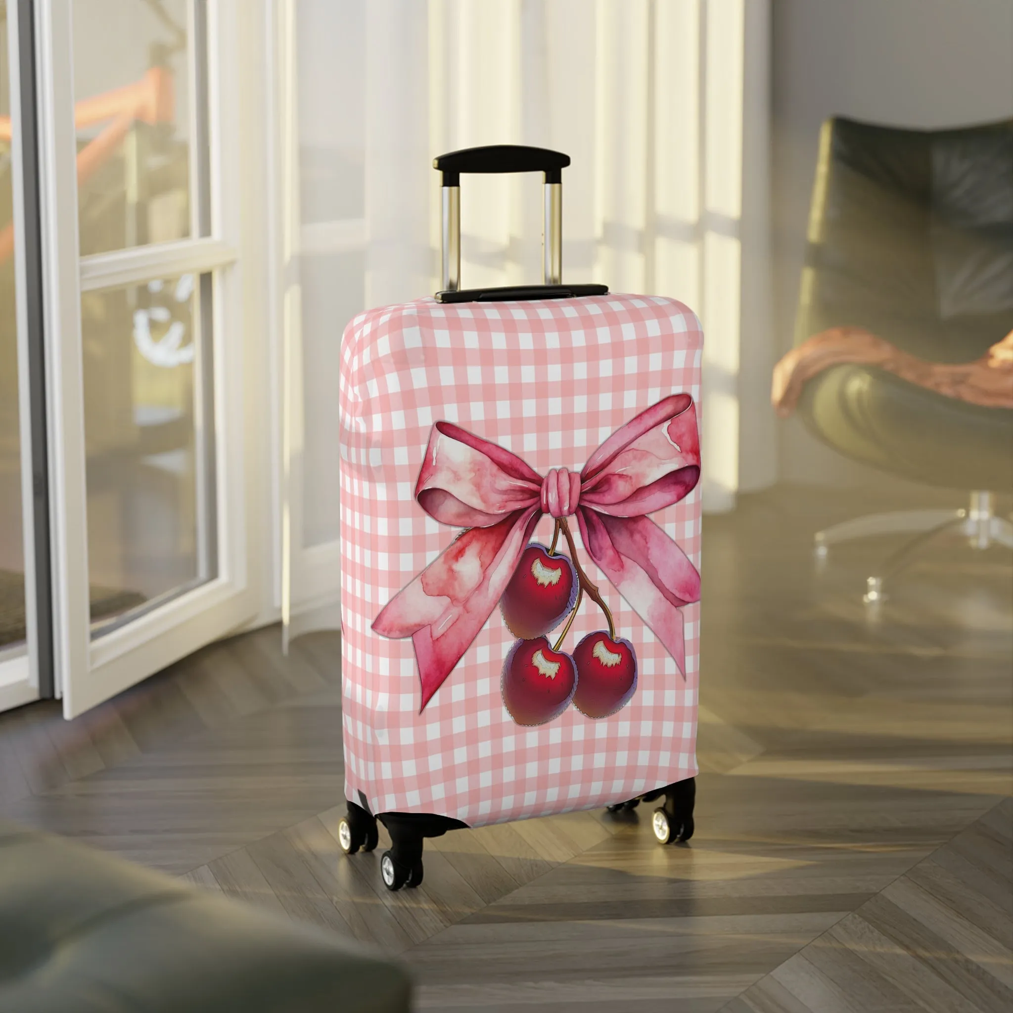 Luggage Cover, Rockabilly, Coquette, Pink Gingham, Cherries and Ribbon, awd-2508