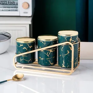 Marble Patterned With Lid Airtight Ceramic Storage Jars Set Of 3