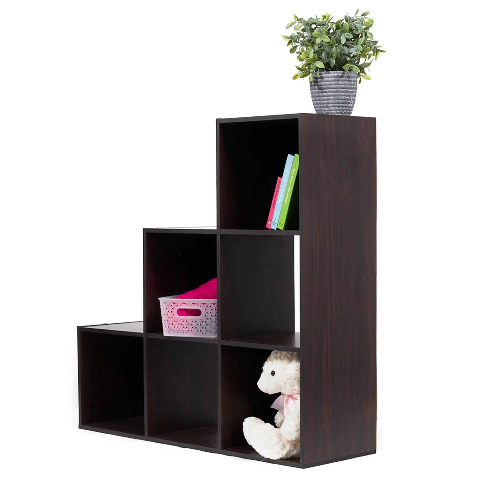 Open and Enclosed Tiered 6 Cube MDF Storage Organizer, Espresso