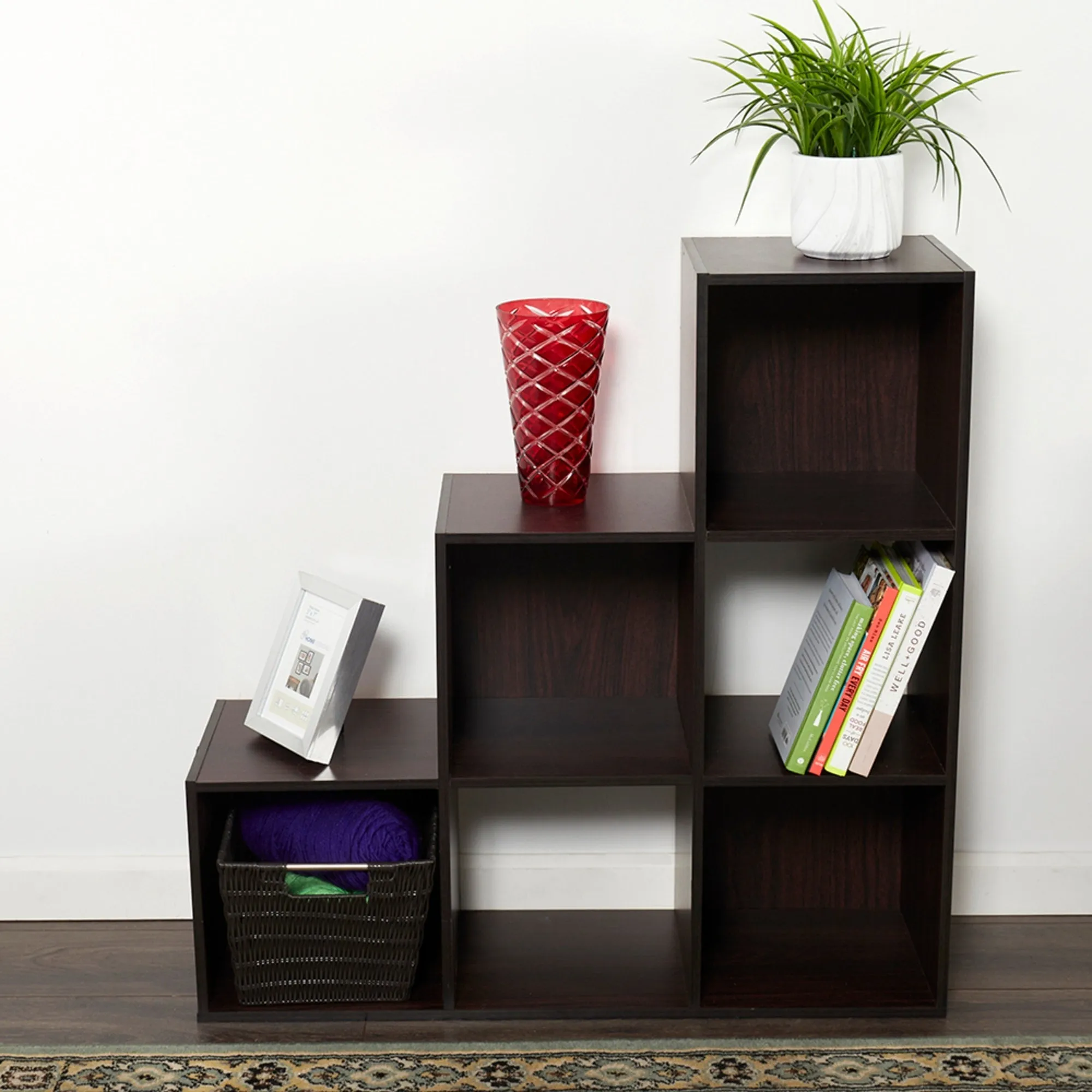 Open and Enclosed Tiered 6 Cube MDF Storage Organizer, Espresso