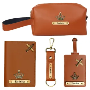 Personalized Tan Travel Set : Luggage Tag, Keychain, Pouch & Passport Cover