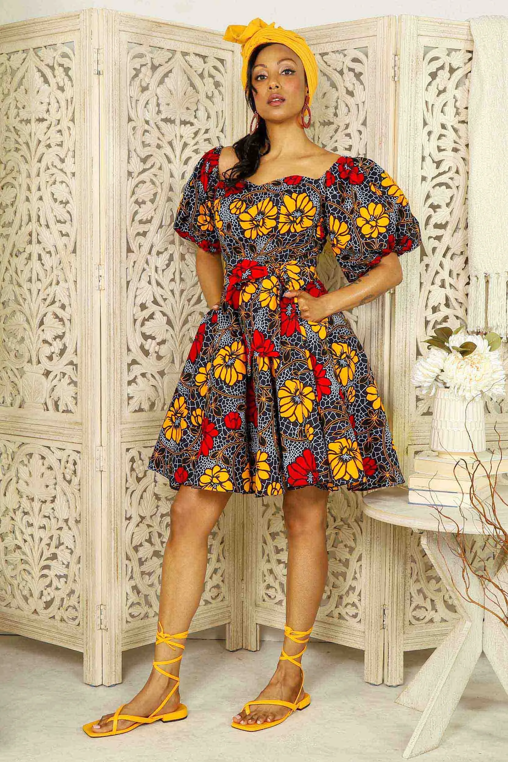 RACHELLE African Print Mini Dress (Puff Sleeves)