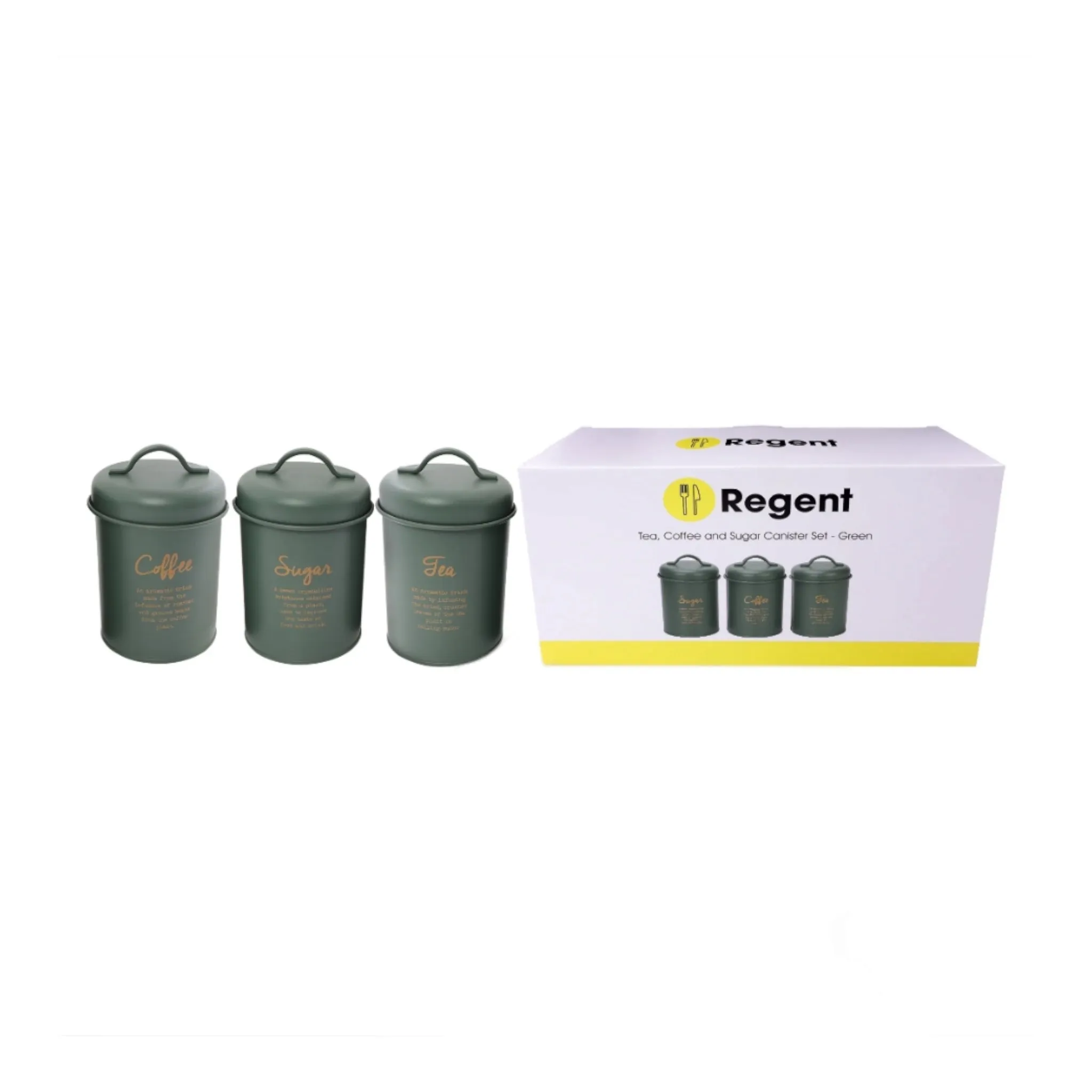 Regent Kitchen Tea-Coffee-Sugar Canister Green with Gold Print 3pcs Set