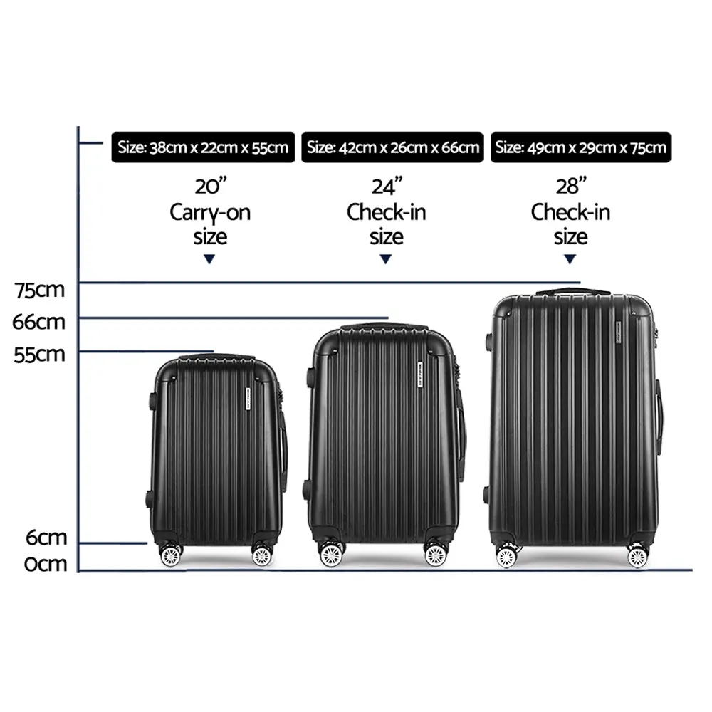 Set of 3 Luggage 20" 24" 28" Suitcase Hardcase Trolley Travel Black