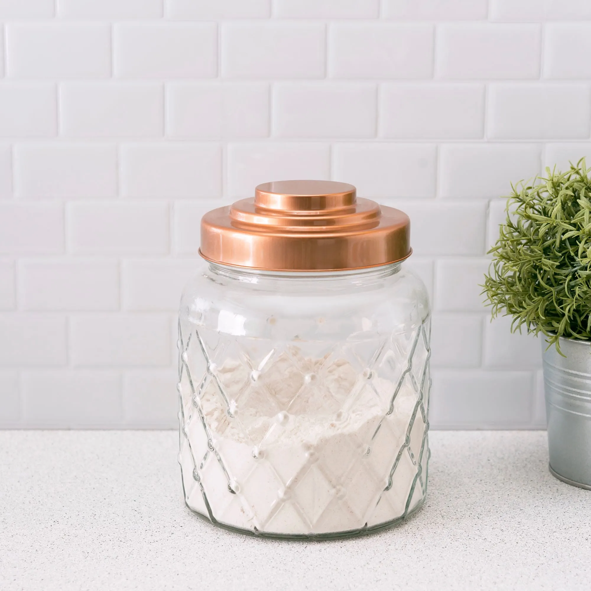 Small 2.6 Lt Textured Glass Jar with Gleaming Air-Tight Copper Top