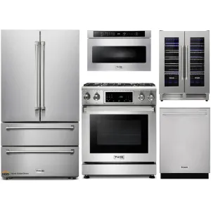 Thor Kitchen 5-Piece Appliance Package - 30-Inch Gas Range with Tilt Panel, French Door Refrigerator, Dishwasher, Microwave Drawer, & Wine Cooler in Stainless Steel