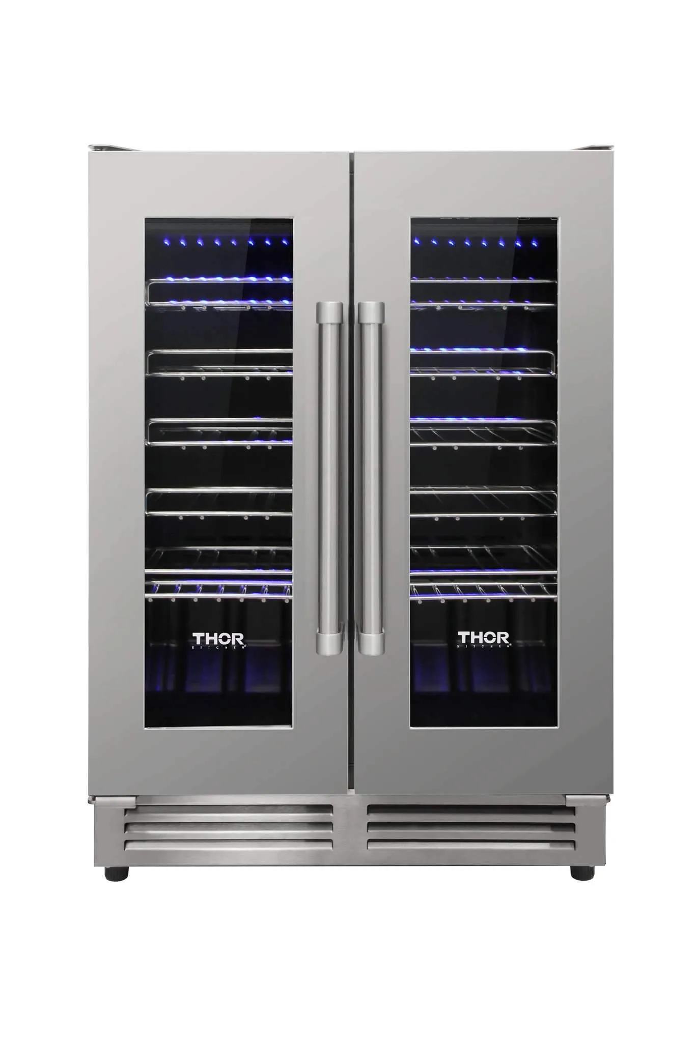 Thor Kitchen 5-Piece Appliance Package - 30-Inch Gas Range with Tilt Panel, French Door Refrigerator, Pro-Style Wall Mount Hood, Dishwasher, and Wine Cooler in Stainless Steel