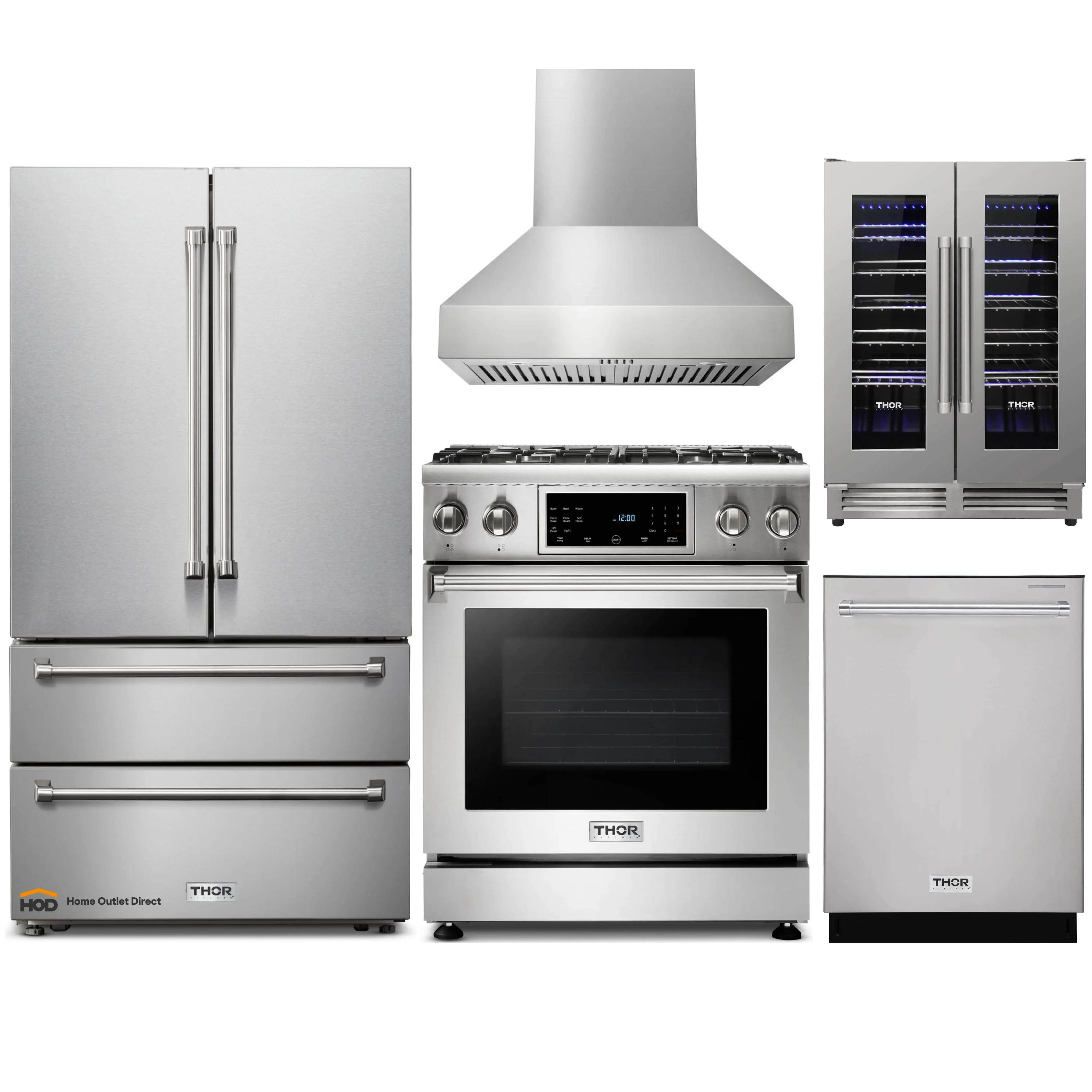 Thor Kitchen 5-Piece Appliance Package - 30-Inch Gas Range with Tilt Panel, French Door Refrigerator, Pro-Style Wall Mount Hood, Dishwasher, and Wine Cooler in Stainless Steel