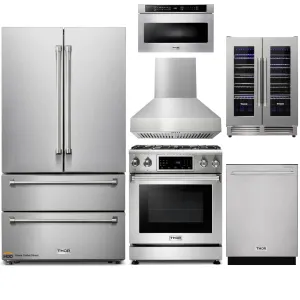 Thor Kitchen 6-Piece Appliance Package - 30-Inch Gas Range with Tilt Panel, French Door Refrigerator, Pro-Style Wall Mount Hood, Dishwasher, Microwave Drawer, and Wine Cooler in Stainless Steel