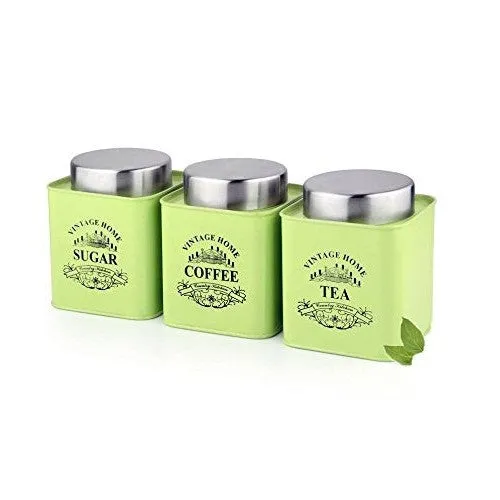 Vintage Tin Canister Set Tea-Coffee-Sugar Green Square Jar with S/S Lid 3pc