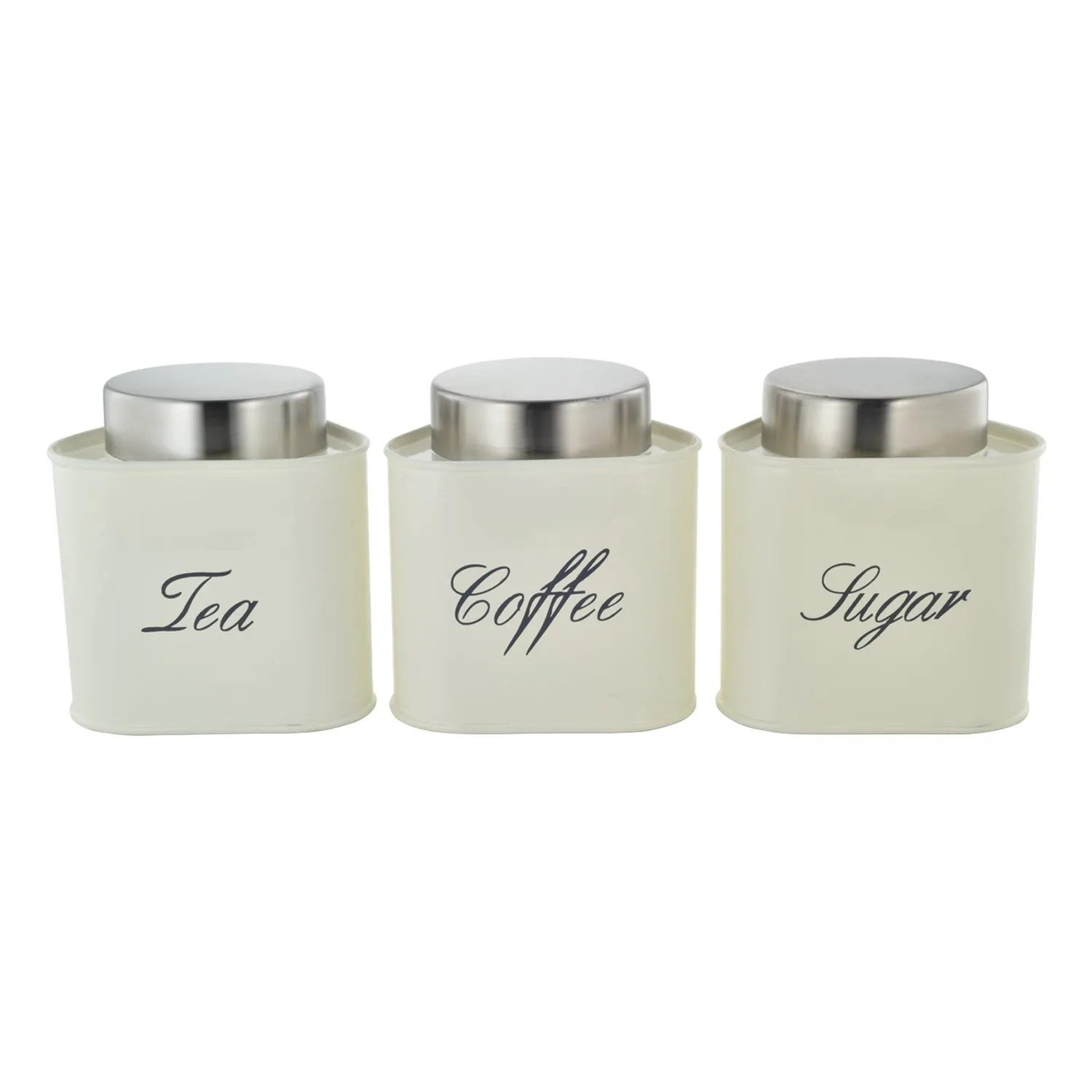 Vintage Tin Canister Set Tea-Coffee-Sugar Triangular Jar Cream with S/S Lid 3pc