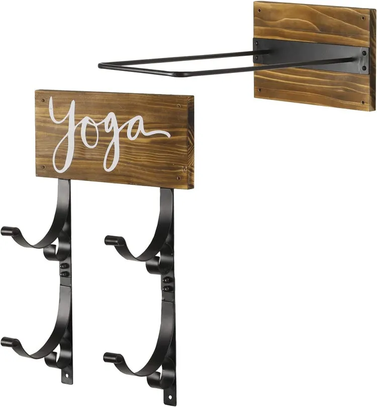 Yoga Mat and Stability Ball Holder, Burnt Wood and Black Metal Wall Mounted Exercise Yoga Equipment Organizer