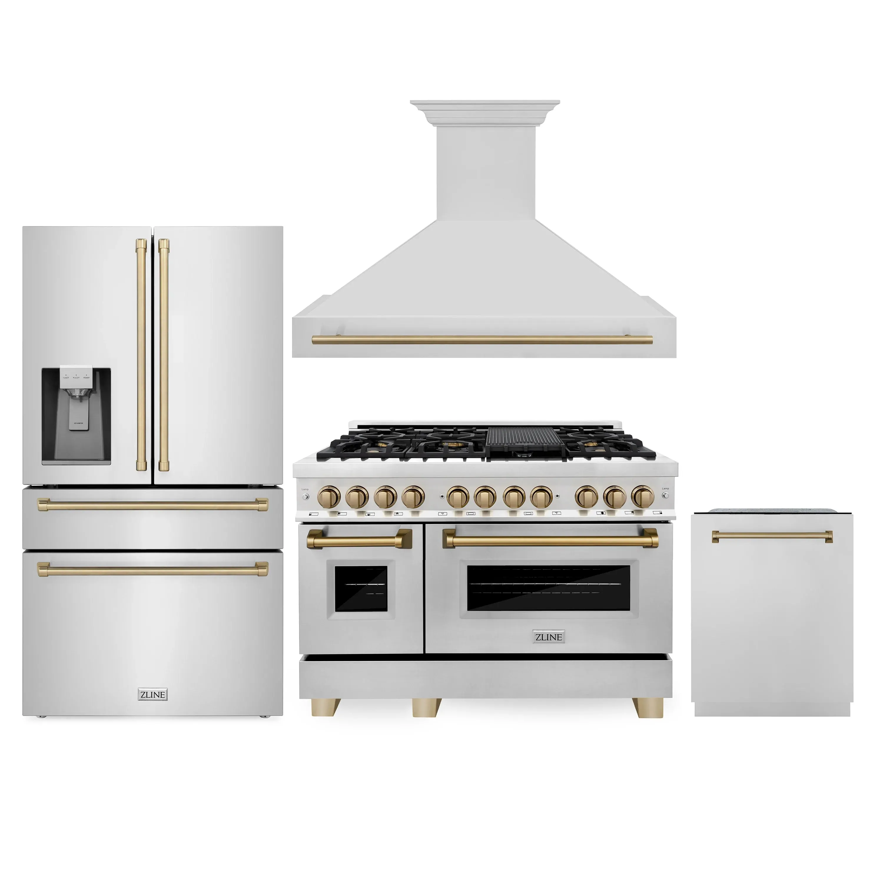 ZLINE 48" Autograph Edition Kitchen Package with Stainless Steel Dual Fuel Range, Range Hood, Dishwasher and Refrigeration with Champagne Bronze Accents