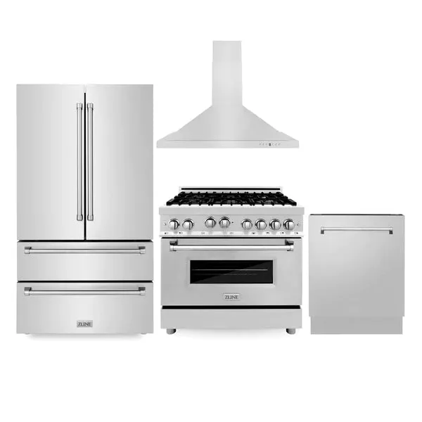 ZLINE Kitchen Package with Refrigeration, 36" Stainless Steel Gas Range, 36" Convertible Vent Range Hood and 24" Tall Tub Dishwasher