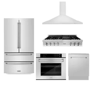 ZLINE Kitchen Package with Refrigeration, 48" Stainless Steel Rangetop, 48" Range Hood, 30" Single Wall Oven and 24" Tall Tub Dishwasher